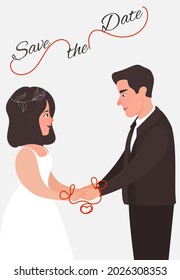 Cute bride and groom hold hands, cartoon wedding invitation, save the date, portrait of the newlyweds, vector illustration