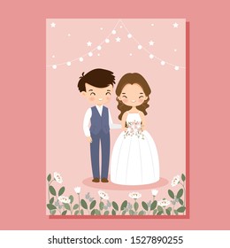 cute bride and groom on flower wedding invitation card