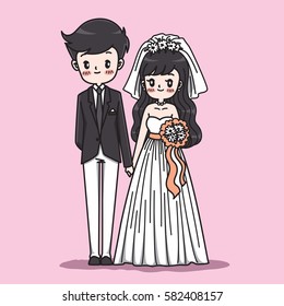 Cute bride and groom on pink background. Create by vector