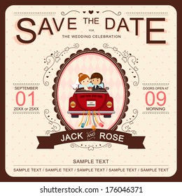 Cute Bride And Groom In Red Car Wedding Invitation Template