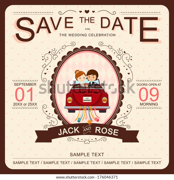 Cute Bride and Groom in Red Car Wedding\
Invitation Template