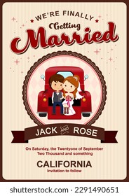 Cute Bride and Groom in Red Pickup Truck Wedding Invitation Template