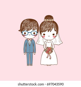 Cute bride and groom standing and smiling on pastel color style. Isolated on pink background. Flat design. Vector illustration.

