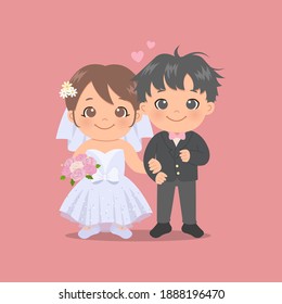 Cute bride and groom wearing wedding dress and tuxedo. Valentine's day greeting card. Flat style vector.