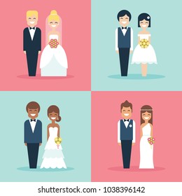 Cute bride and groom wedding cake toppers flat vector icon set