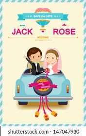 Cute Bride and Groom in Wedding Car Wedding Invitation Card template vector/illustration 