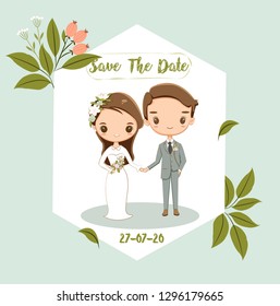 cute bride and groom for wedding invitations card, vector isolated with background