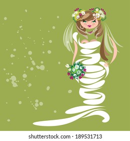 Cute bride in a long white wedding dress with a bouquet of flowers on a green background with watercolor splash. Made for wedding invitation card.
