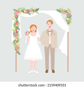 A cute bride in a miniskirt and a cute ponytail in a bow tie stand under a frame decorated with flowers. flat design style vector illustration.