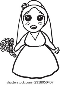 Cute bride in wedding dress with a bouquet doodle vector outline illustration. Hand drawn fiancee lineart artwork, design for a wedding cards, invitations, backgrounds, wallpapers, map.