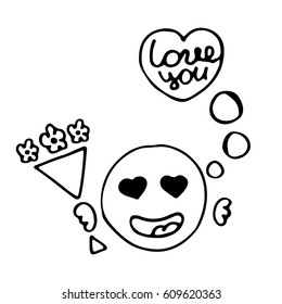 Cute bridegroom with flowers and heart emoticon say love you. Emoji, smiley - vector sign illustration