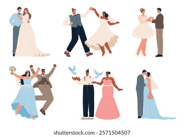 Cute brides and grooms. Wedding couples, lovers are married, happy people launching pigeons, hugging and dancing, ring exchange, vector set