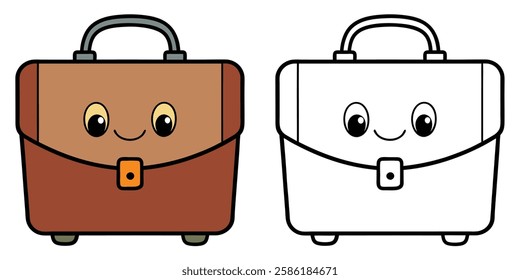 Cute Briefcase Cartoon Character Coloring Book For Kids Printable Outline Vector