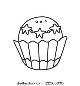 Cute brigadeiro doodle vector illustration. Hand drawn black and white Brazilian food dessert art. Brazilian sweet decorated with stars in cupcake liner