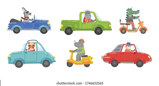 Cute bright animals ceremony in colourful cars vector illustration. Different vehicle flat style. Road movement or traffic. Crocodile hippo and rhino. Isolated on white background