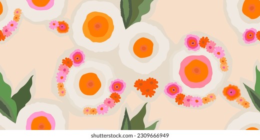 Cute bright artistic flowers print. Modern cartoon style botanical pattern. Fashionable template for design. 