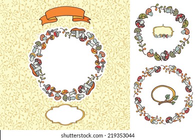 Cute bright autumn design template. Mushrooms wreath,branches,leaves,ribbon,pattern,labels. Easy to edit. For birthday ,holidays,invitations,cards,children's template.Vector