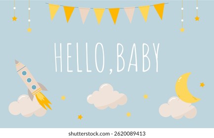 Cute bright baby shower banner with rocket and clouds, stars and moon