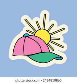 Cute bright baseball cap with the sun in the background on a blue background vector illustration for clothing decal doodle style u2k eps 10