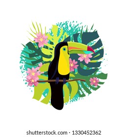 Cute bright bird Toucan on textured background with tropical leaves and flowers.  Vector illustration. Good for cards, banners, greetings template.