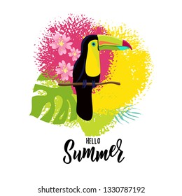 Cute bright bird Toucan on textured background with tropical leaves and flowers.  Vector illustration. Good for cards, banners, greetings template.