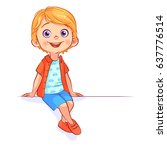 Cute bright boy sits on a large white banner, dangling cross-legged. Funny vector isolated illustration for billboard.