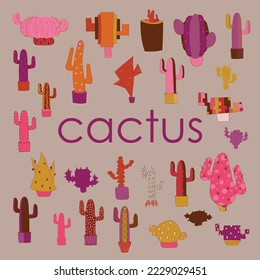 Cute bright cacti are gathered together and the inscription cactus on a grey background. Beautiful design. For flower and plant shop, garden, seeds, children's illustration. Cute cactus characters