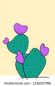 Cute bright cactus with hearts flowers. Vector