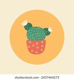 cute bright cactus in a pot placed in the circle background, icon, vector illustration