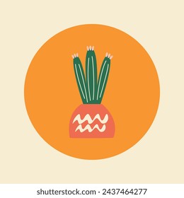 cute bright cactus in a pot placed in the circle background, icon, vector illustration