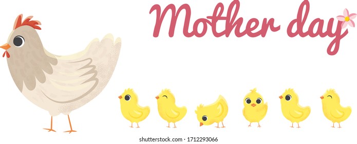 Cute bright card with texture for Mother's Day. Illustration animals isolated on a white background. Hen with a baby chicken. EPS10 