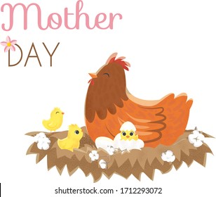 Cute bright card with texture for Mother's Day. Illustration animals isolated on a white background. Hen with a baby chicken. EPS10 