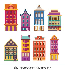 Cute bright cartoon flat house set. Vector buildings facades. European style dutch and belgian like homes and dwellings.