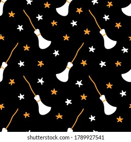 Cute bright cartoon Halloween seamless pattern with brooms and stars. Vector illustration great for festive background, decoration, wallpaper, wrapping paper, prints, and fabrics or textile design.