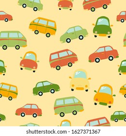 Cute bright cartoon repeat seamless vector pattern with colorful cars on light background