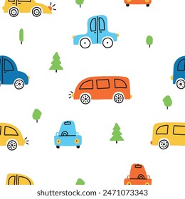 Cute bright cartoon repeat seamless vector pattern with colorful cars on white background
