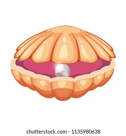 Cute bright cartoon seashell icon. Colorful shell with a pearl symbol isolated on white background. Cartoon style. Vector illustration.