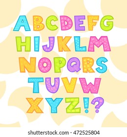 Cute bright childish alphabet with patterns on letters