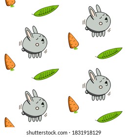 Patrón infantil brillante lindo con conejo, zanahoria y hoja verde. Estilo Doodle.