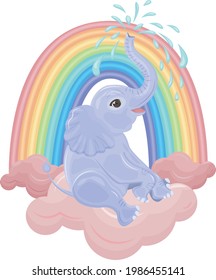 Cute bright children s illustration. A cute blue baby elephant sits on a pink cloud near a rainbow and lets out a fountain of water from its trunk. Color children s print illustration. Vector on white