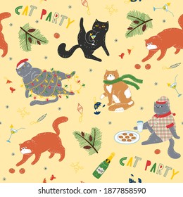 Cute bright Christmas pattern with cute funny cats at the cat party. Cute bright Christmas pattern with cute funny cats at the cat party. Cats in funny poses and Christmas attributes.