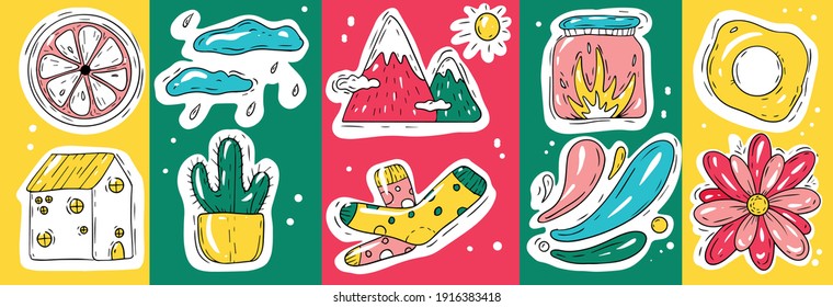 Cute bright collection of cute postcards, stickers. Decorative abstract illustrations with colorful doodles. Hand-drawn modern illustrations with houses, flowers, abstract elements, mountains, fire