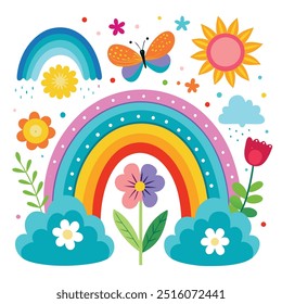 Bonito clipart arco-íris de cor brilhante com borboletas e flores para diversão de verão