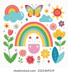 Cute bright color rainbow clipart with butterflies and flowers for summer fun