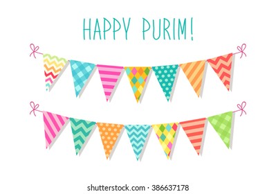 Cute bright and colorful bunting flags for Happy Purim (jewish holiday)