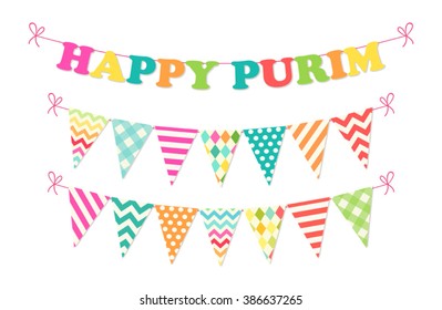 Cute bright and colorful bunting flags for Happy Purim (jewish holiday)