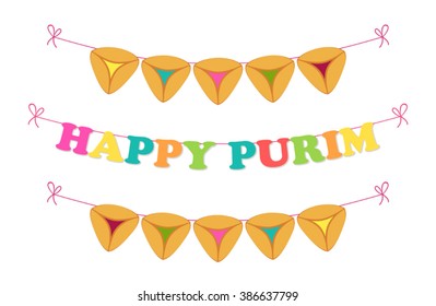 Cute bright and colorful bunting flags for Happy Purim (jewish holiday)