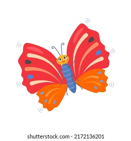 linda mariposa brillante y colorida con una sonrisa. ilustración de vector de bebé aislada en fondo blanco