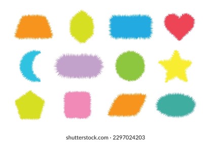 Cute bright colorful fluffy different geometrical shapes with rough sides icons set on white background