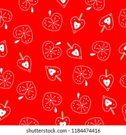 Cute, bright and colorful hand drawn Christmas hearts seamless pattern vector